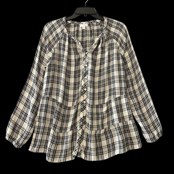 J.Jill Women Plaid Button Front Relaxed Fit Long Sleeve Tiered Peplum Top SZ/ S - Picture 1 of 11